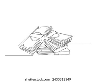 Continuous one line drawing bundles of money or cash . paper money single outline vector illustration. Editable stroke.