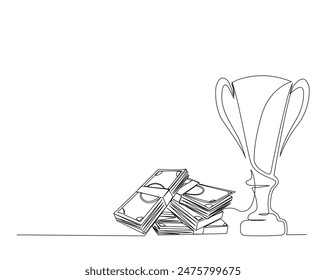 Continuous one line drawing of bundles of money and trophy cup. Editable stroke.	