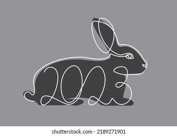 Continuous one line drawing of Bunny symbol of 2023 year. Fluffy rabbit silhouette with ears in simple linear style for winter design greeting card and web banner. Doodle Vector illustration