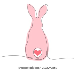 Continuous one line drawing of Bunny or Rabbit with tail on heart shape. Line art vector minimalist hand drawn illustration