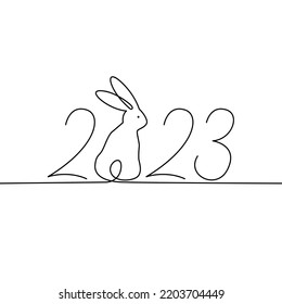Continuous one line drawing of Bunny symbol of 2023 year. Rabbit silhouette in simple linear style for winter design greeting card. Chinese New Year. Vector illustration in minimalistic style