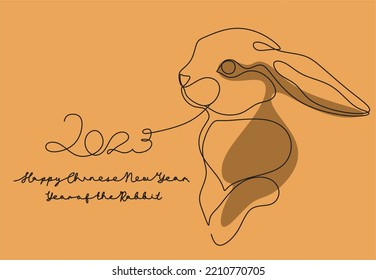 Continuous one line drawing of Bunny symbol of 2023 year. Fluffy rabbit silhouette with ears in simple linear style for winter design greeting card and web banner. Doodle Vector illustration