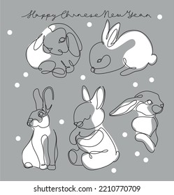 Continuous one line drawing of Bunny symbol of 2023 year. Fluffy rabbit silhouette with ears in simple linear style for winter design greeting card and web banner. Doodle Vector illustration