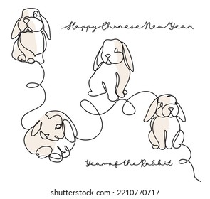 Continuous one line drawing of Bunny symbol of 2023 year. Fluffy rabbit silhouette with ears in simple linear style for winter design greeting card and web banner. Doodle Vector illustration