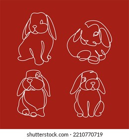 Continuous one line drawing of Bunny symbol of 2023 year. Fluffy rabbit silhouette with ears in simple linear style for winter design greeting card and web banner. Doodle Vector illustration