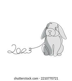 Kontinuierliche Zeichnung einer Linie des Leuchtensymbols 2023 Jahr. Fluffy Kaninchen Silhouette mit Ohren in einfachem linearen Stil für Winterdesign Grußkarte und Web-Banner. Doodle-Vektorgrafik
