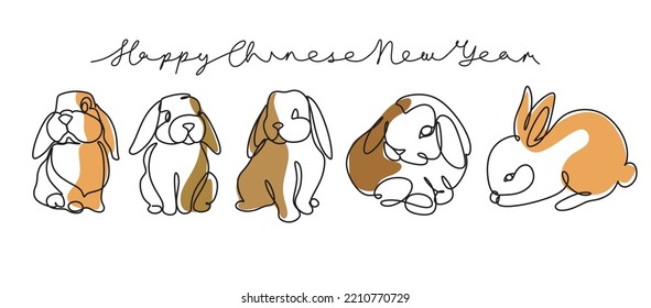 Dibujo continuo de una línea del símbolo Bunny de 2023 año. Silhouette de conejo con orejas en estilo lineal simple para tarjetas de bienvenida de diseño invernal y banner web. Ilustración de Doodle Vector