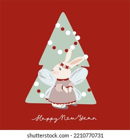 Continuous one line drawing of Bunny symbol of 2023 year. Fluffy rabbit silhouette with ears in simple linear style for winter design greeting card and web banner. Doodle Vector illustration