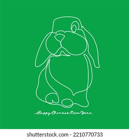 Continuous one line drawing of Bunny symbol of 2023 year. Fluffy rabbit silhouette with ears in simple linear style for winter design greeting card and web banner. Doodle Vector illustration