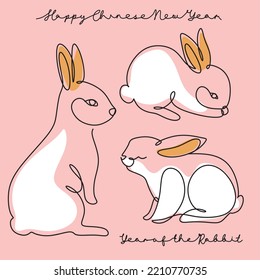 Continuous one line drawing of Bunny symbol of 2023 year. Fluffy rabbit silhouette with ears in simple linear style for winter design greeting card and web banner. Doodle Vector illustration