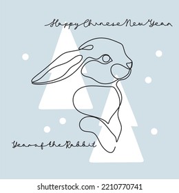 Dibujo continuo de una línea del símbolo Bunny de 2023 año. Silhouette de conejo con orejas en estilo lineal simple para tarjetas de bienvenida de diseño invernal y banner web. Ilustración de Doodle Vector