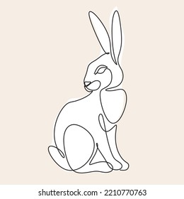 Continuous one line drawing of Bunny symbol of 2023 year. Fluffy rabbit silhouette with ears in simple linear style for winter design greeting card and web banner. Doodle Vector illustration