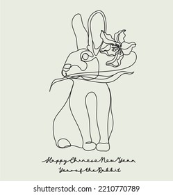 Dibujo continuo de una línea del símbolo Bunny de 2023 año. Silhouette de conejo con orejas en estilo lineal simple para tarjetas de bienvenida de diseño invernal y banner web. Ilustración de Doodle Vector