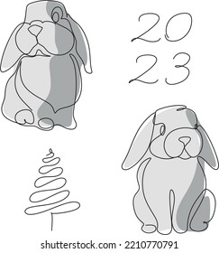 Continuous one line drawing of Bunny symbol of 2023 year. Fluffy rabbit silhouette with ears in simple linear style for winter design greeting card and web banner. Doodle Vector illustration