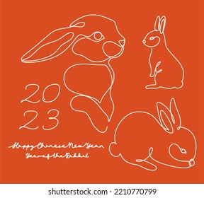 Continuous one line drawing of Bunny symbol of 2023 year. Fluffy rabbit silhouette with ears in simple linear style for winter design greeting card and web banner. Doodle Vector illustration