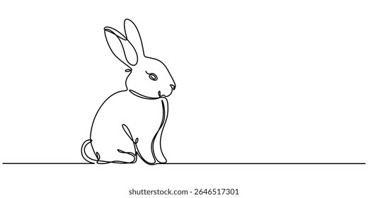 Continuous one line drawing of bunny. Cute rabbit silhouette with ears in simple minimalistic style Vector illustration, Rabbit continuous one line drawing. Editable stroke white isolated background.