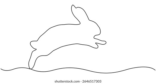 Continuous one line drawing of bunny. Cute rabbit silhouette with ears in simple minimalistic style Vector illustration, Rabbit continuous one line drawing. Editable stroke white isolated background.