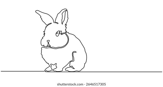 Continuous one line drawing of bunny. Cute rabbit silhouette with ears in simple minimalistic style Vector illustration, Rabbit continuous one line drawing. Editable stroke white isolated background.