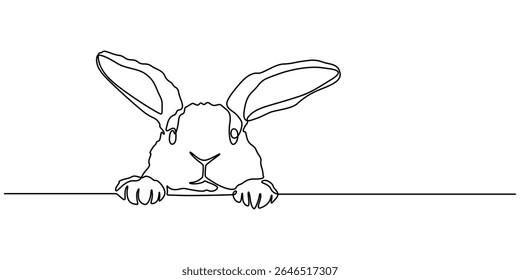 Continuous one line drawing of bunny. Cute rabbit silhouette with ears in simple minimalistic style Vector illustration, Rabbit continuous one line drawing. Editable stroke white isolated background.