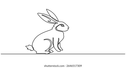 Continuous one line drawing of bunny. Cute rabbit silhouette with ears in simple minimalistic style Vector illustration, Rabbit continuous one line drawing. Editable stroke white isolated background.
