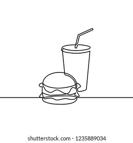 Continuous one line drawing. burger. restaurant or cafe logo. sticker for companies selling fast food. Black and white vector illustration.