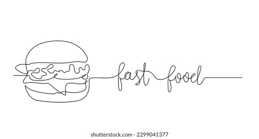 Continuous one line drawing of burger with lettering. Single line drawing of hamburger . Silhouette of fast food restaurant burger with cheese, cutlet and salad. Modern design street food logo, banner