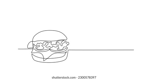 Continuous one line drawing of burger. Single line drawing of hamburger . Silhouette of fast food restaurant burger with cheese, cutlet and salad. Modern design street food logo, banner