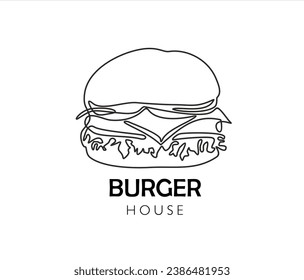 Continuous one line drawing of burger in minimalism design isolated on white background. Burger house concept.