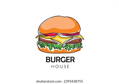 Dibujo continuo de una línea de la hamburguesa en diseño minimalista aislado en fondo blanco. El concepto de casa de hamburguesas.