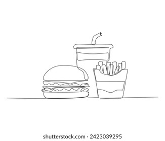 Continuous one line drawing of burger, frenchfries and doftdrink. Fastfood - burger, frenchfries and doftdrink single outline vector illustration. Editable stroke.