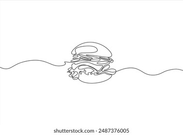 Continuous one line drawing of burger. Single line drawing of hamburger . Silhouette of fast food restaurant burger with cheese, cutlet and salad. Modern design street food logo, banner