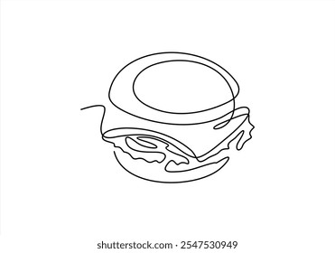 Continuous one line drawing of burger. Single line drawing of hamburger . Silhouette of fast food restaurant burger with cheese, cutlet and salad. Modern design street food logo, banner