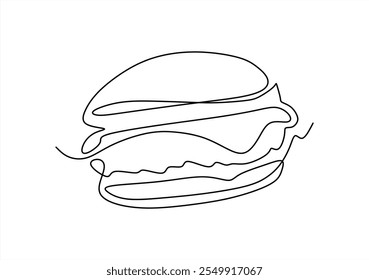 Continuous one line drawing of burger. Single line drawing of hamburger . Silhouette of fast food restaurant burger with cheese, cutlet and salad. Modern design street food logo, banner