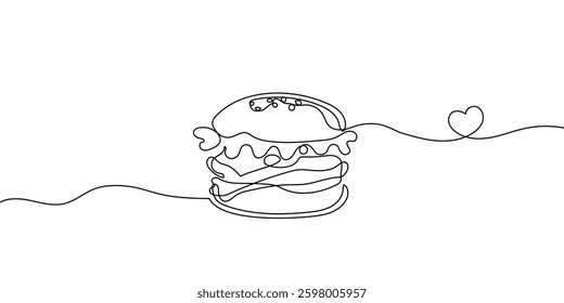Continuous one line drawing of burger. Single line drawing of hamburger . Silhouette of fast food restaurant burger with cheese, cutlet and salad. Modern design street food logo, banner