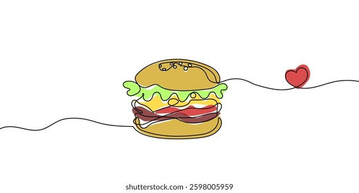 Continuous one line drawing of burger. Single line drawing of hamburger . Silhouette of fast food restaurant burger with cheese, cutlet and salad. Modern design street food logo, banner