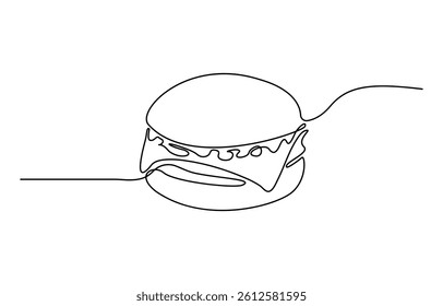 Continuous one line drawing of burger. Single line drawing of hamburger, Minimalist food concept isolated on white background.