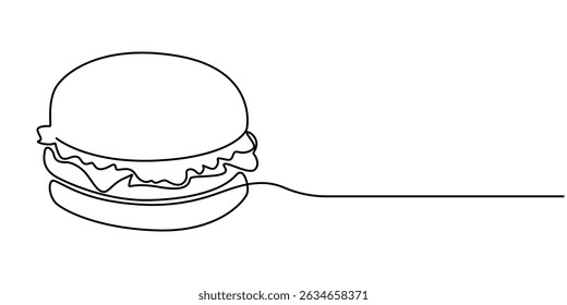 Dibujo continuo de una línea de hamburguesa. Dibujo de una sola línea de hamburguesa, concepto de comida minimalista aislado sobre fondo blanco. 