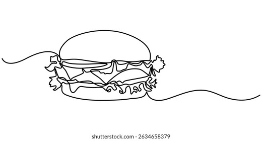 Continuous one line drawing of burger. Single line drawing of hamburger, Minimalist food concept isolated on white background. 