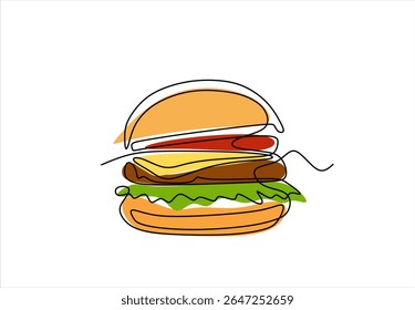 Continuous one line drawing of burger. Single line drawing of hamburger . Silhouette of fast food restaurant burger with cheese, cutlet and salad. Hand drawn one line vector. Editable stroke	