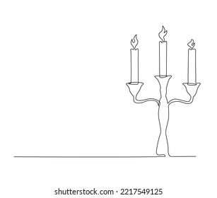 Continuous one line drawing of burning candle on classic chandelier. Vintage candelier line art vector design.