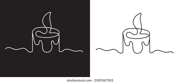Continuous one line drawing Burning fire candle. Black contour line simple silhouette. Vector illustration, isolated.