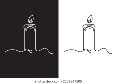 Continuous one line drawing Burning fire candle. Black contour line simple silhouette. Vector illustration, isolated.