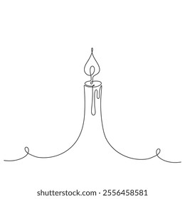 Continuous one line drawing of burning candle. Line art. Holiday symbol, illustration