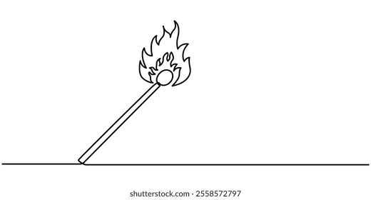 Continuous one line drawing of burning match. simple burning match stick line art vector illustration. Editable stroke, Burning match drawn by hand with a continuous line. Vector illustration of match