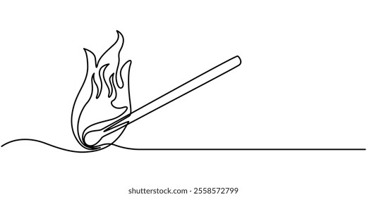 Continuous one line drawing of burning match. simple burning match stick line art vector illustration. Editable stroke, Burning match drawn by hand with a continuous line. Vector illustration of match