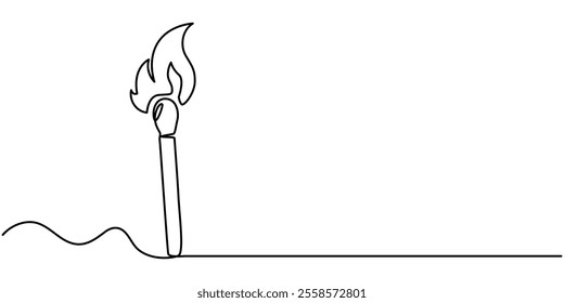 Continuous one line drawing of burning match. simple burning match stick line art vector illustration. Editable stroke, Burning match drawn by hand with a continuous line. Vector illustration of match