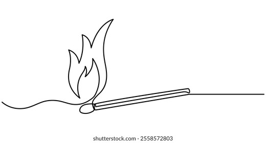 Continuous one line drawing of burning match. simple burning match stick line art vector illustration. Editable stroke, Burning match drawn by hand with a continuous line. Vector illustration of match