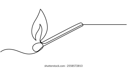 Continuous one line drawing of burning match. simple burning match stick line art vector illustration. Editable stroke, Burning match drawn by hand with a continuous line. Vector illustration of match