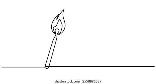 Continuous one line drawing of burning match. simple burning match stick line art vector illustration. Editable stroke, one continuous line drawing of match sticks.one line drawing of burning wooden. 