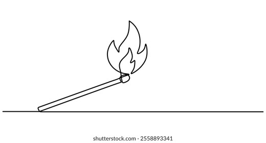 Continuous one line drawing of burning match. simple burning match stick line art vector illustration. Editable stroke, one continuous line drawing of match sticks.one line drawing of burning wooden. 